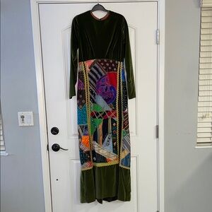 Vintage 1979 Velvet Patchwork Maxi Dress - Green Multicolor Handmade